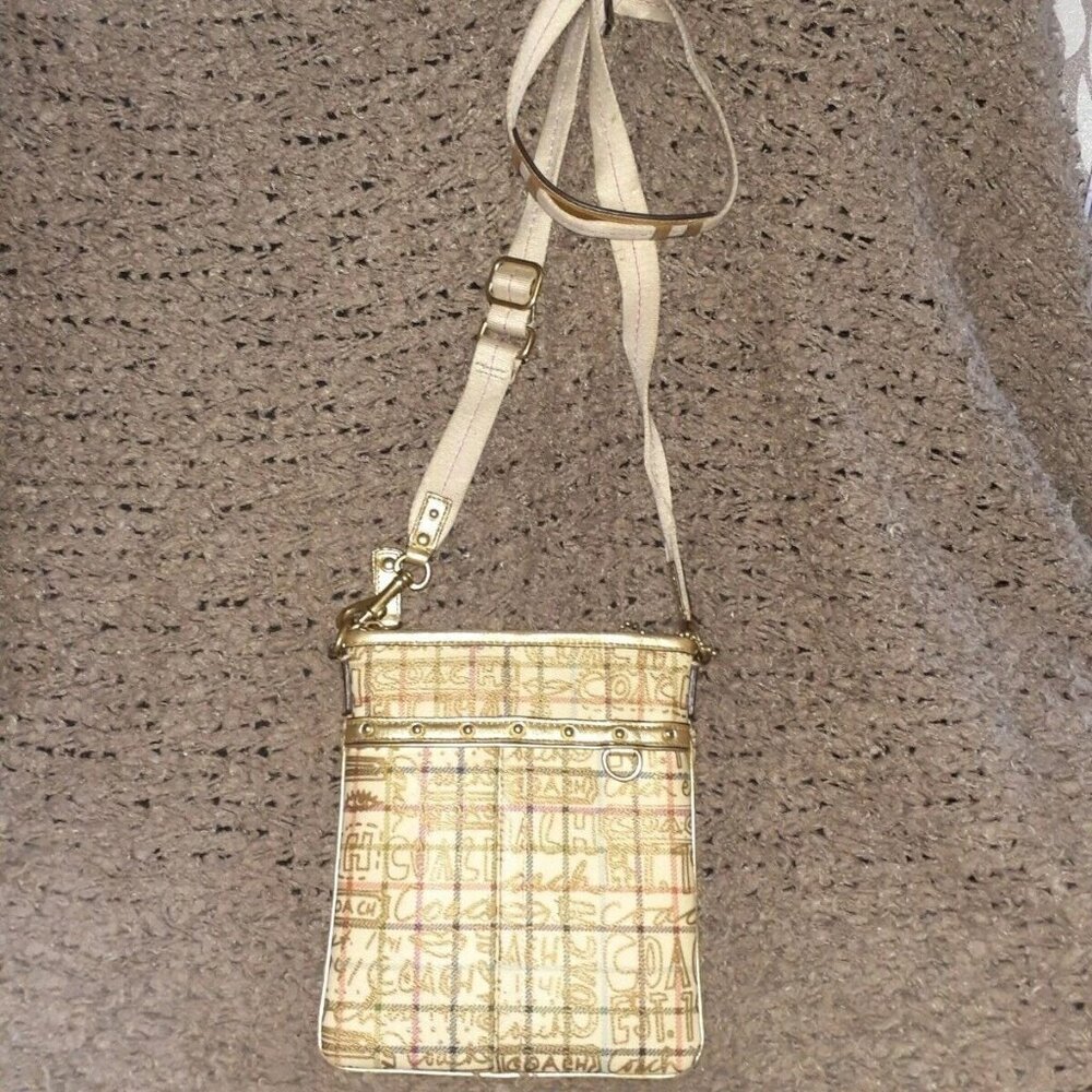 COACH-Chelsea Tattersall Crossbody Messenger Bag-Gold & Beige PLAID GRAFFITI-Exc